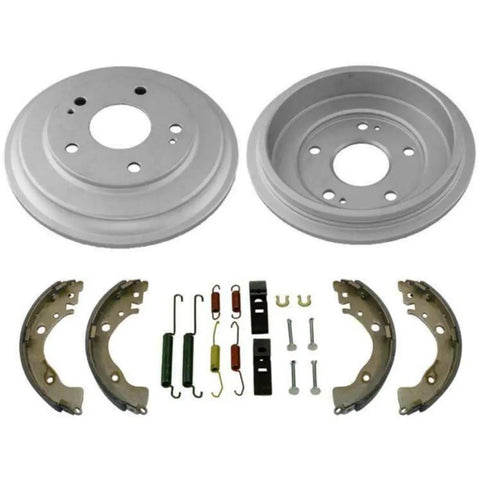 Rear Brake Drum And Shoe Kit For Honda Civic 2006 To 2015 Heavy Duty Replacement Parts Built Tough For Reliable Stops And Smooth Braking Action To Keep Your Ride Safe On The Road Today; gray metal drums, shoes, springs