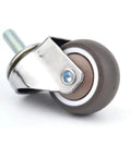 Small brown soft-rubber caster wheel with threaded stem and metal mounting bracket; white inner ring.