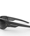 Polarized Safety Glasses For Men Built Tough With High Impact ANSI Z87.1 Rating Non Slip Grip Glare Free Vision For Work And Driving UV Protected Protective Eyewear That Feels Comfortable Durable Frames For All Day Wear, shown from side angle highlighting the wraparound design and black frames.