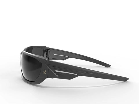 Polarized Safety Glasses For Men Built Tough With High Impact ANSI Z87.1 Rating Non Slip Grip Glare Free Vision For Work And Driving UV Protected Protective Eyewear That Feels Comfortable Durable Frames For All Day Wear, shown from side angle highlighting the wraparound design and black frames.