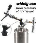 Ball Lock Quick Disconnect Set for Homebrew Beer Gear, One Quarter Inch MFL With Three Sixteenth Inch Swivel Nut Hose Clamps, Four Pack, Includes Liquid Keg Couplers and Stainless Steel Clamps for Cornelius Kegs and Common Homebrew Tanks, black ball lock disconnect on keg