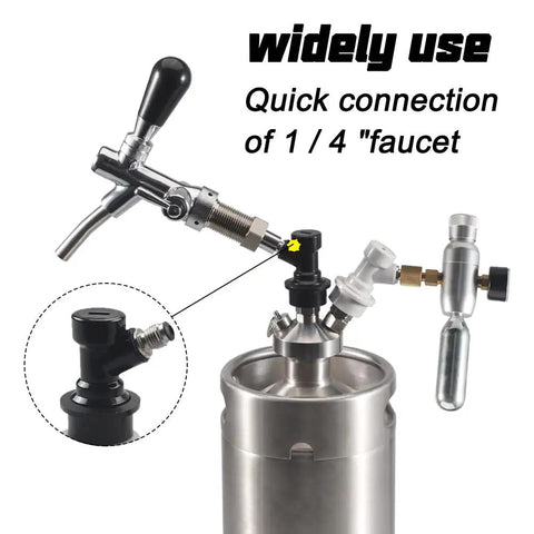 Ball Lock Quick Disconnect Set for Homebrew Beer Gear, One Quarter Inch MFL With Three Sixteenth Inch Swivel Nut Hose Clamps, Four Pack, Includes Liquid Keg Couplers and Stainless Steel Clamps for Cornelius Kegs and Common Homebrew Tanks, black ball lock disconnect on keg