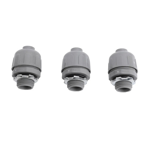 Set Of Ten Heavy Duty One Inch NPT Liquid Tight Conduit Connectors Made From Tough Nylon 6 For A Fit Like A Glove Hookup On Outdoor Construction Sites HVAC Installations Marine Gear And Gnarly Industrial Jobs gray nylon connectors lined up