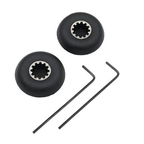 Front view: two black drive sockets with silver spline inserts and two Allen wrenches.