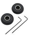 Front view of two black blender drive sockets with metal inner star drive, and two Allen wrenches