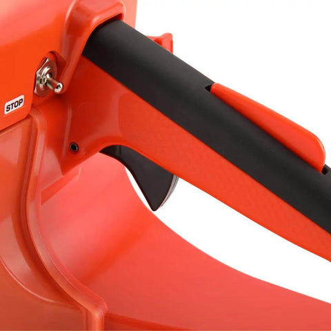 Close-up of Timber Wolf 20 Inch Gas Chainsaw with 59.8cc motor, featuring easy start mechanism and safety stop toggle.
