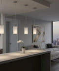 Dual Glass Pendant Lights 2 Pack With Brushed Nickel Finish Adjustable Hanging Fixtures in modern kitchen setting