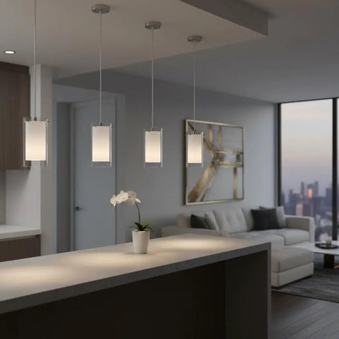 Dual Glass Pendant Lights 2 Pack With Brushed Nickel Finish Adjustable Hanging Fixtures in modern kitchen setting