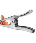Heavy Duty 500 Amp Power Welding Ground Clamp With Copper Plated Jaw And Braided Shunt Wire showing stainless steel body and connection.