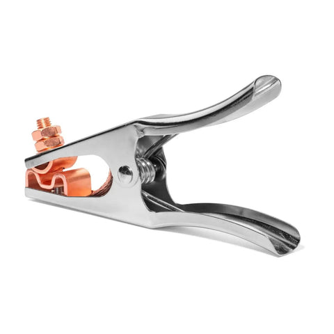 Heavy Duty 500 Amp Power Welding Ground Clamp With Copper Plated Jaw And Braided Shunt Wire showing stainless steel body and connection.