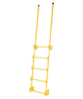 Heavy Duty Steel Walk Thru Dock Ladder Five Step Rock Solid Frame With High Guard Rails For Smooth Warehouse Navigation, yellow frame, vertical view.