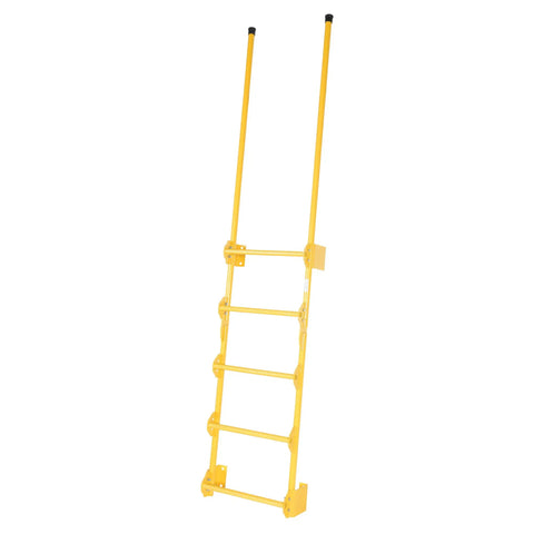 Heavy Duty Steel Walk Thru Dock Ladder Five Step Rock Solid Frame With High Guard Rails For Smooth Warehouse Navigation, yellow frame, vertical view.