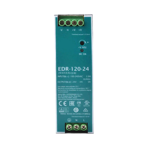 Front view of 120W 24V Power Supply Built For Industrial Control Cabinets UL 508 Certified With Built In Short Circuit Protection Overload Overvoltage And Overtemperature For Reliable Automation Gear And Semiconductor Systems.