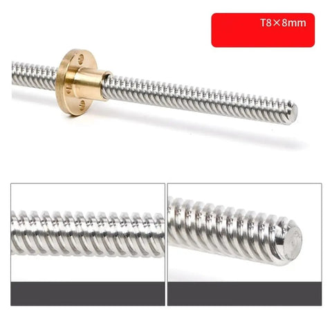 T8 Threaded Trapezoidal Lead Screw For 3D Printer With 8mm Diameter And 2mm Pitch Lead Options 4mm Or 8mm Stainless Steel Shaft And Copper Nut Lengths 100mm To 800mm High Precision Linear Motion Component, T8 x 8mm lead screw with copper nut