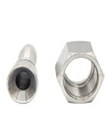 304 Stainless Steel Imperial C Fittings Flat Crimp Hose Fittings With Female Thread For Oil Hose Thirty Eight Inch To One Point Five Inch C Degree 29611 Heavy Duty Industrial Grade, stainless hose fitting shown front and threaded side view