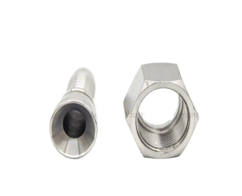 304 Stainless Steel Imperial C Fittings Flat Crimp Hose Fittings With Female Thread For Oil Hose Thirty Eight Inch To One Point Five Inch C Degree 29611 Heavy Duty Industrial Grade, stainless hose fitting shown front and threaded side view