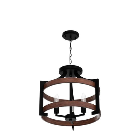 3 Light Farmhouse Chandelier With Adjustable Height Pendant Or Convertible Semi Flush Mount, 14.5 Inch Rustic Ceiling Light Fixture For Dining Room Kitchen Foyer Entryway, Vintage Style Hanging Lighting With Removable Chain. Black metal frame with walnut finish.