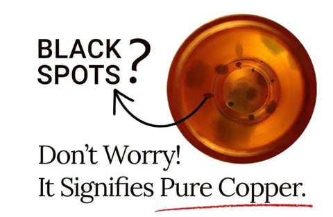 Close-up of an antique copper Turkish coffee pot with black spots, indicating pure copper, text explaining black spots are normal.