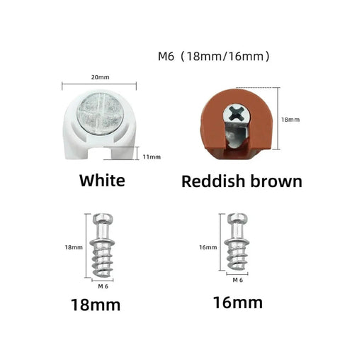 100 Pack Threaded Cam Lock Furniture Stud Pins Reddish Brown 18mm Heavy Duty Partition Support Laminate Hardware Connectors showing parts
