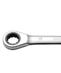 Close-up of a 17mm chrome vanadium spanner from Double Head Ratchet Spanner Set for 8mm to 19mm Nuts and Bolts.