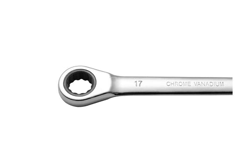 Close-up of a 17mm chrome vanadium spanner from Double Head Ratchet Spanner Set for 8mm to 19mm Nuts and Bolts.