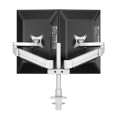Premium Full Motion Dual Monitor Stand With Smooth Gas Struts And Slick Cable Routing For A Sweet Desk Setup holding two monitors back view.