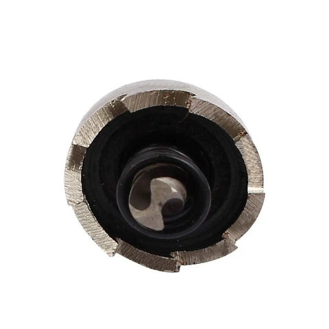 Close-up of 18mm Hole Saw Kit With 66mm Overall Length Pro Grade HSS Spring Loaded Twist Drill Bit, showing cutting teeth.