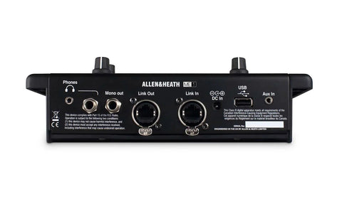 Back view of Allen & Heath ME-1, showing connections for 40 Channel Digital Personal Mixer With Customizable Source Routing Level And Pan Control 16 Assignable Keys MADI Dante Or EtherSound Compatibility PoE Powered Perfect For Live Sound Engineers And Gig Setups.