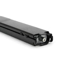 Close-up view of 15 Foot Mechanical Rack And Pinion Steering Cable for Back Mount Boats, heavy-duty, black metal casing.