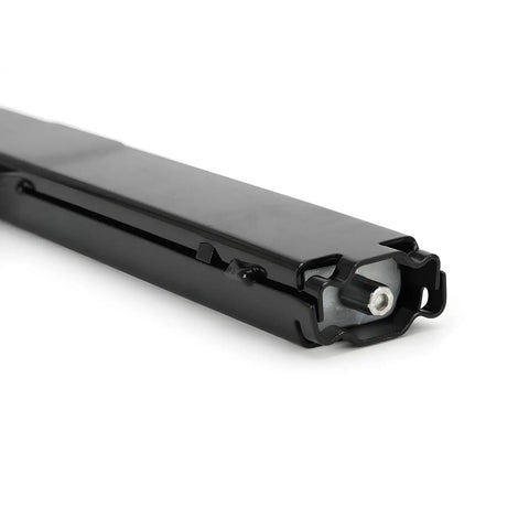 Close-up view of 15 Foot Mechanical Rack And Pinion Steering Cable for Back Mount Boats, heavy-duty, black metal casing.