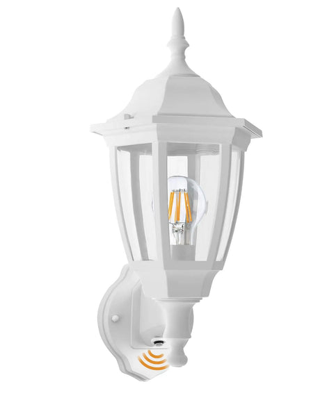 Durable Outdoor Wall Light With Dusk To Dawn Sensor, White Anti Corrosion Plastic Fixture With LED Edison Filament Bulb, Exterior Mount Lantern