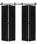 Heavy Duty Barn Door Hardware Kit With Slick Rolling Tracks For Closets And Laundry Rooms Compact Bi Fold Design mounted on black track.