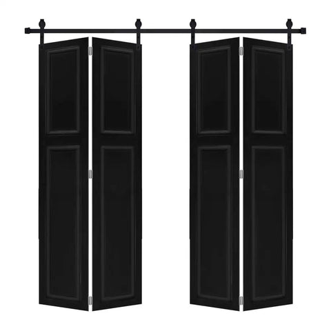 Heavy Duty Barn Door Hardware Kit With Slick Rolling Tracks For Closets And Laundry Rooms Compact Bi Fold Design mounted on black track.