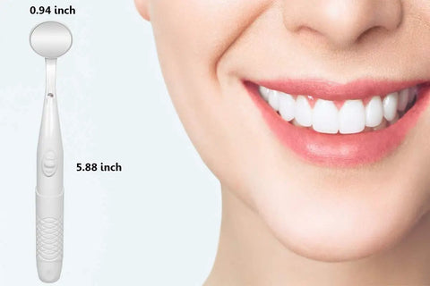 Dental Mirror With LED Light For Easy Teeth Inspection, Anti Fog Mouth Mirror For Home Dental Care next to smiling mouth