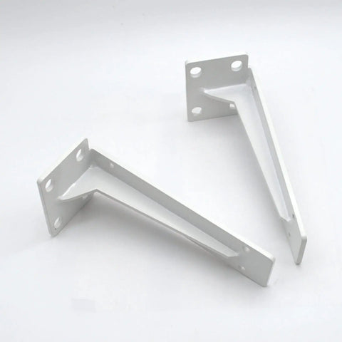 Bulletproof Pair Of Heavy Duty Retro Shelf Brackets Rock Solid Triangle Corner Supports For Diy Open Shelves And Wall Mounts In Kitchen Bedroom Garage 19 7 Inches White angled view of two white heavy-duty iron brackets