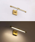 Dimmable LED Picture Light with Swing Arm, 16.5 Inch Dope Brass Finish Wall Lamp, shown unlit and illuminated, front view