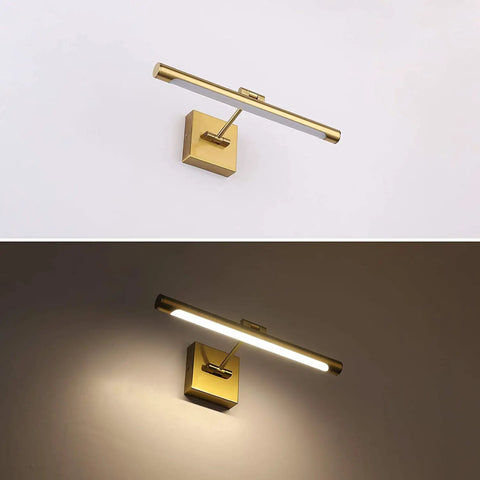 Dimmable LED Picture Light with Swing Arm, 16.5 Inch Dope Brass Finish Wall Lamp, shown unlit and illuminated, front view