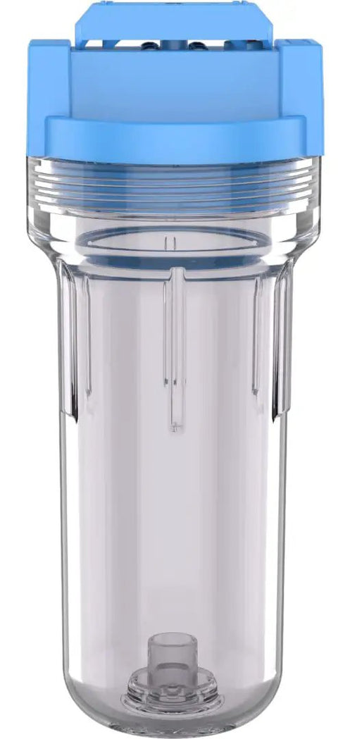 Whole House Water Filtration System 10 Inch Standard with Valve-In-Head Three Quarter Inch NPT Clear Housing front view