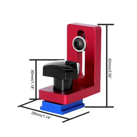 Red aluminum Miter Stop For T Slot Tracks And T Track Gauges Pro Grade Precision Woodworking Guide Block with dimensions shown