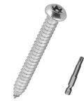 50 Pack M5 X 40Mm Security Torx Screws Pin In Button Head Tapping Bolts Marine Grade 304 Stainless Steel against a screwdriver bit.