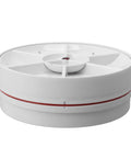 Pink Compact Countertop Dishwasher With 360 Degree Rotating Spray And Fifteen Minute Automatic Shutoff, round white appliance with red detail.