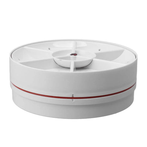 Pink Compact Countertop Dishwasher With 360 Degree Rotating Spray And Fifteen Minute Automatic Shutoff, round white appliance with red detail.
