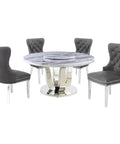 Turn Up Your Hosting Game With This Six Piece Round White Marble Dining Set Featuring A Smooth Lazy Susan Silver Stainless Steel Base And Four Plush Charcoal Velvet Seats For A Straightup Flex Setup. Round white marble table with chrome base and four gray velvet chairs.
