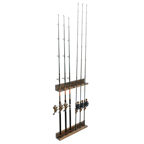Wall Mounted Burnt Wood Fishing Rod Holder For Garage Adjustable Vertical Pole Rack That Holds Six Rods, rustic design