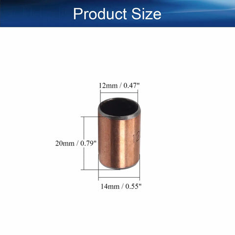 Six Pack Sleeve Bearing Set 12mm Bore 14mm OD 20mm Length Oilless Bronze Sintered Bushings For Sliding Machinery Parts Low Friction Wear Resistant Quiet Operation Printing Presses Textile Machines, size diagram