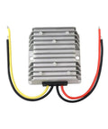 Heavy Duty DC Buck Converter Steps 72 Down To 24 Volt With Straight Swap Install And Built Like A Tank Aluminum Shell IP67 Waterproof Max 20 Amps For EV Trucks Solar Systems, featuring aluminum frame and colored wires.