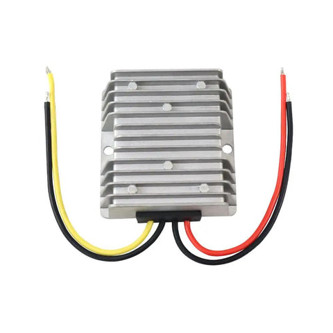 Heavy Duty DC Buck Converter Steps 72 Down To 24 Volt With Straight Swap Install And Built Like A Tank Aluminum Shell IP67 Waterproof Max 20 Amps For EV Trucks Solar Systems, featuring aluminum frame and colored wires.