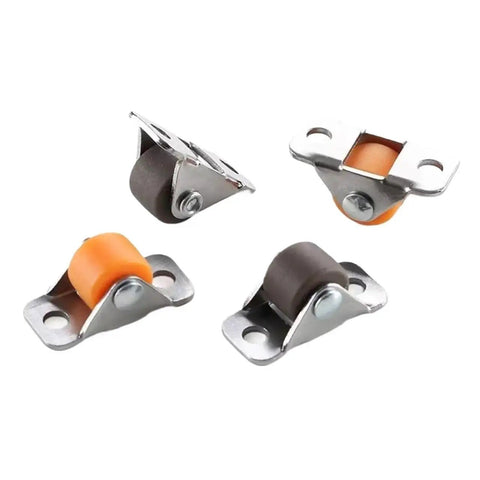 Heavy Duty Half Inch Mini Furniture Casters With Kickass Silent Glide Rubber Tires And Solid Steel Mounting Plates For Quick Home Office Upgrades And Desk Repairs, set of four casters with orange and brown rubber wheels.