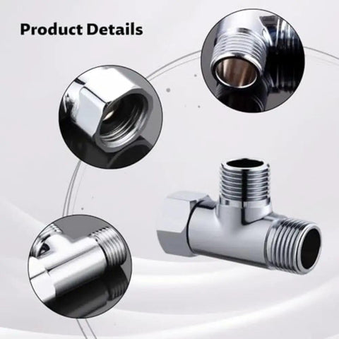 Rock Solid Three Way Brass Diverter Valve Tee Joint Connector With Half Inch Threading, chrome finish, showcasing threading details and connector fittings.