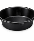 Huge 7 Qt Oil Drain Pan With Built Scale, Leak Proof Spout And Splash Guard, black container showing measurement marks.